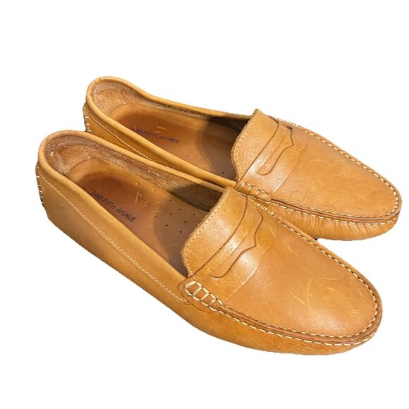 Saks Fifth Avenue Women's Tan Leather Moccasin Driving Loafers Size 11 Shoes - Picture 1 of 8